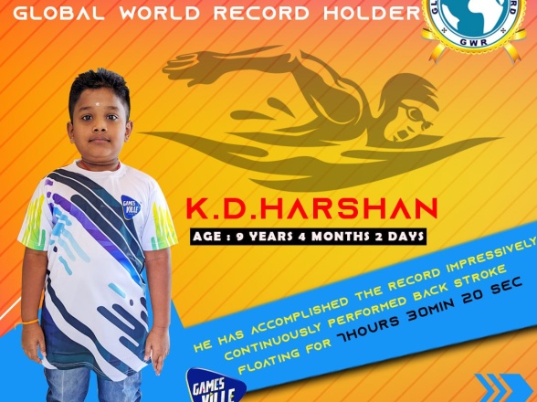 NEW WORLD RECORD – BACK STROKE FLOATING Mr. K.D.HARSHAN set a New Swimming World Record in GWR Global World Record .