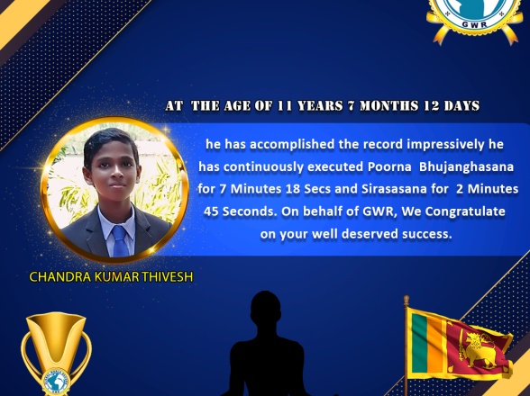 Mr. CHANDRA KUMAR THIVESH set a New Yoga World Record in GWR Global World Record .