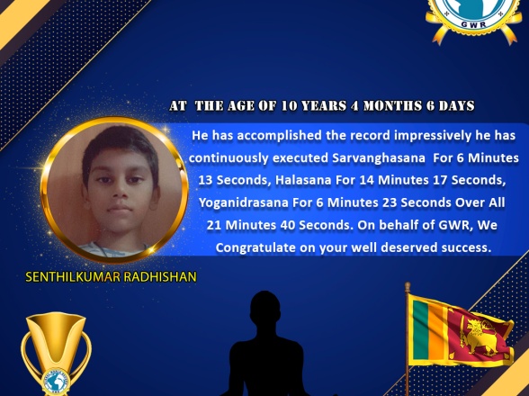 Mr. SENTHIL KUMAR RADHISHAN set a New Yoga World Record in GWR Global World Record .