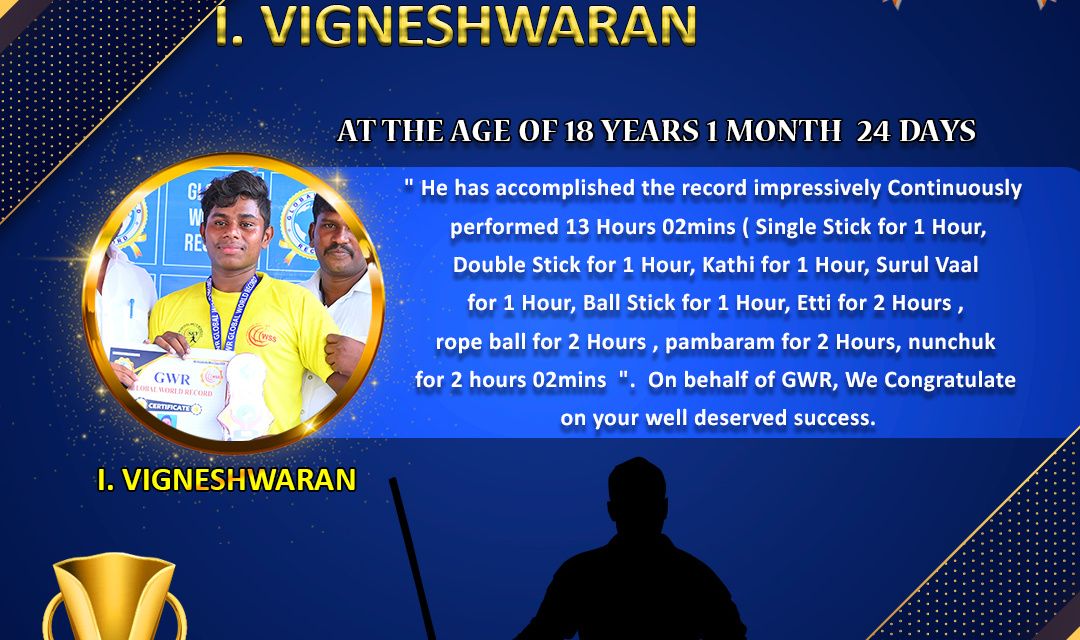 Mr.I.VIGNESHWARAN set a NEW SILAMBAM WORLD RECORD in GWR Global World Record .