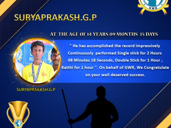 Mr.G.P.SURYA PRAKASH set a NEW SILAMBAM WORLD RECORD in GWR Global World Record .