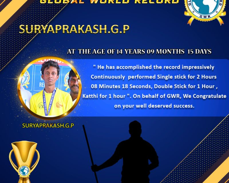 Mr.G.P.SURYA PRAKASH set a NEW SILAMBAM WORLD RECORD in GWR Global World Record .