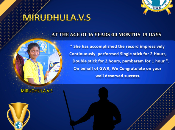 Miss.MIRUDHULA.V.S set a NEW SILAMBAM WORLD RECORD in GWR Global World Record .