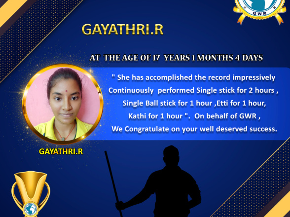 Miss.R.GAYATHRI set a NEW SILAMBAM WORLD RECORD in GWR Global World Record .