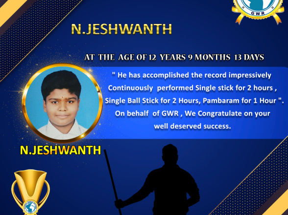 Mr.N.JESHWANTH set a NEW SILAMBAM WORLD RECORD in GWR Global World Record .