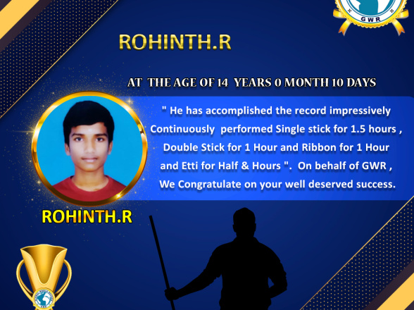 Mr.R.ROHINTH set a NEW SILAMBAM WORLD RECORD in GWR Global World Record .