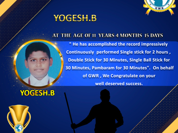 Mr.B.YOGESH set a NEW SILAMBAM WORLD RECORD in GWR Global World Record .