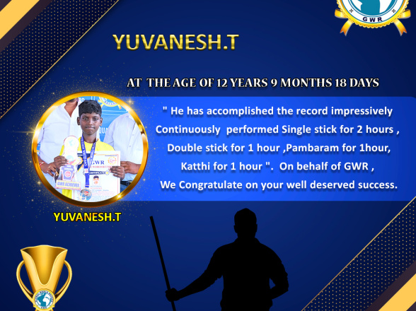 Mr.T.YUVANESH set a NEW SILAMBAM WORLD RECORD in GWR Global World Record .